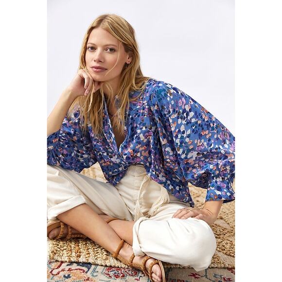 Maeve Tops - NWT Anthropologie Maeve Puff-Sleeved Buttondown Top Blue Abstract Sz 2X Peasant